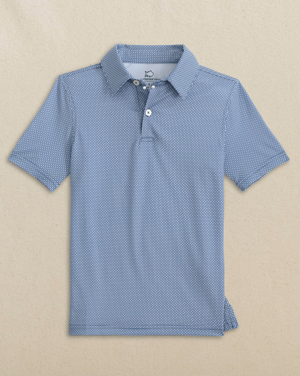 The front view of the Southern Tide Boys Driver Ocean Vista Printed Performance Polo by Southern Tide - Nautical Blue