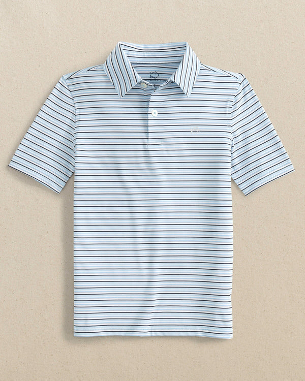The front view of the Southern Tide Boys Driver Oyster Creek Stripe Polo by Southern Tide - Cerulean