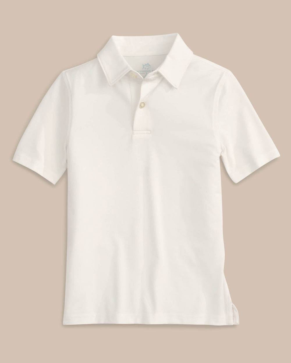The front view of the Boys Driver Performance Polo Shirt by Southern Tide - Classic White