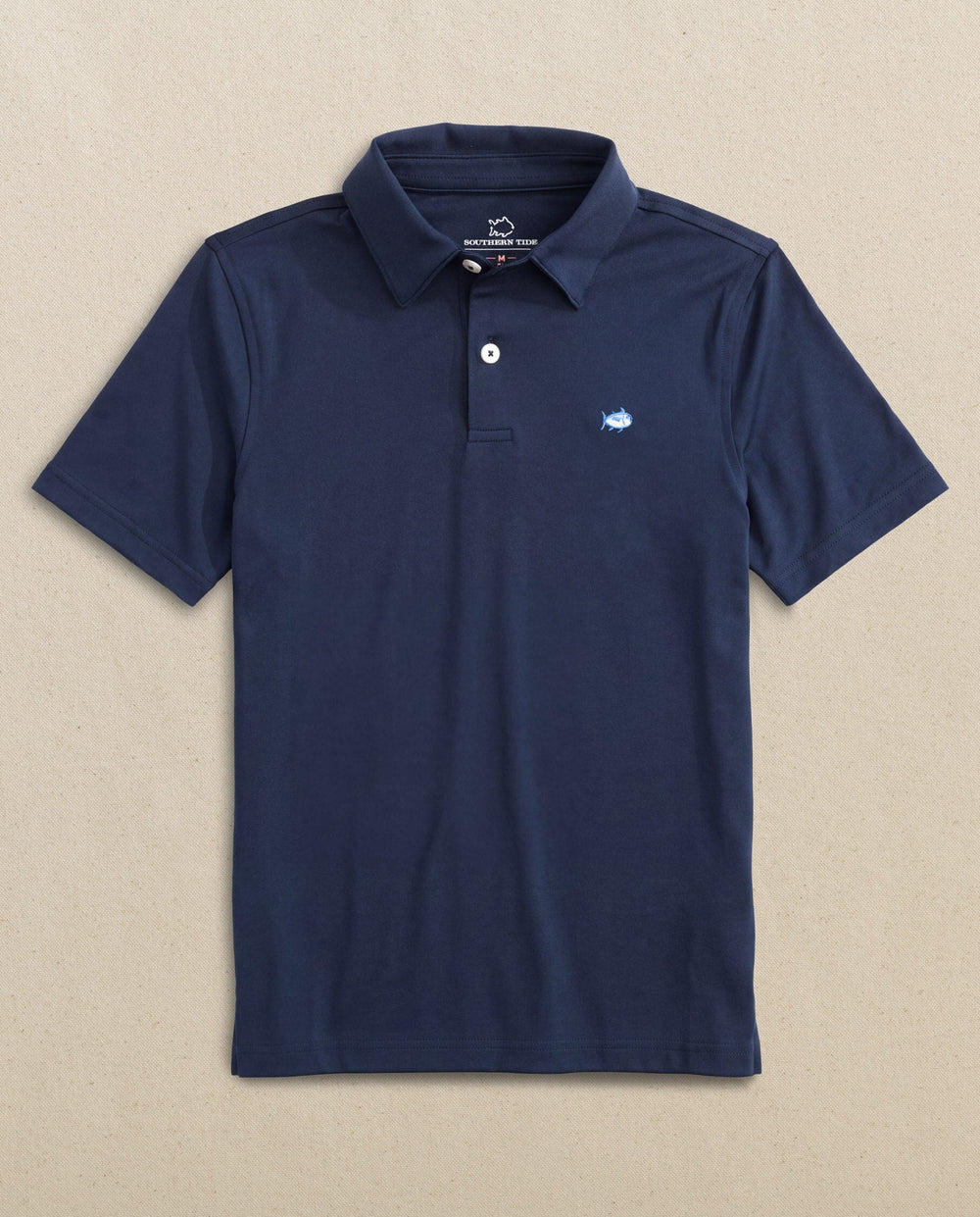 The front view of the Southern Tide Boys Driver Performance Skipjack Polo by Southern Tide - True Navy