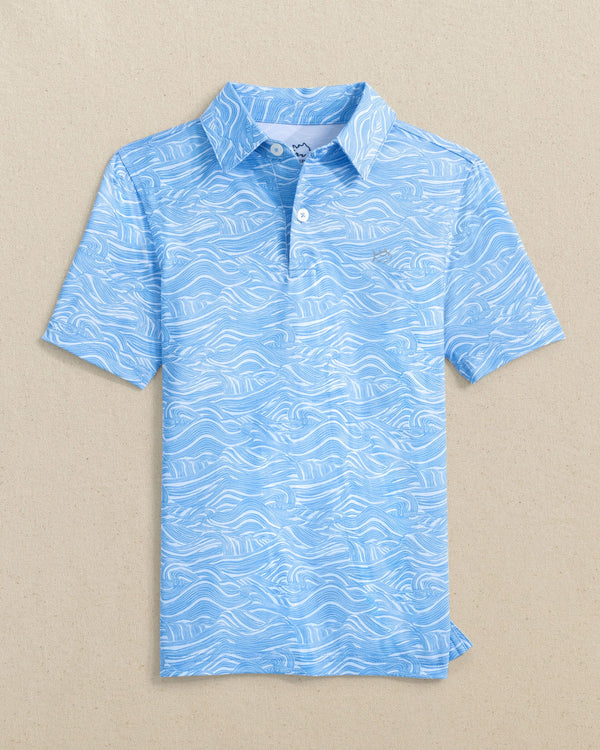 The front view of the Southern Tide Boys Driver Rolling Waves Printed Performance Polo by Southern Tide - Boat Blue