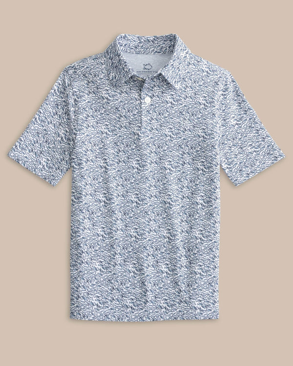 The front view of the Southern Tide Boys Driver Schooling Fish Polo Shirt by Southern Tide - Classic White