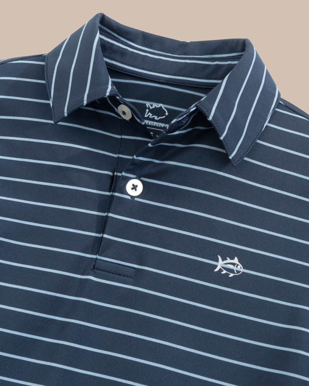 The detail view of the Southern Tide Boys Driver Seaglass Stripe Polo by Southern Tide - Dress Blue