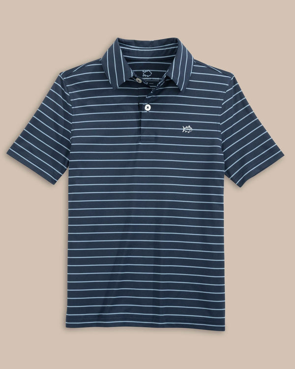 The front view of the Southern Tide Boys Driver Seaglass Stripe Polo by Southern Tide - Dress Blue