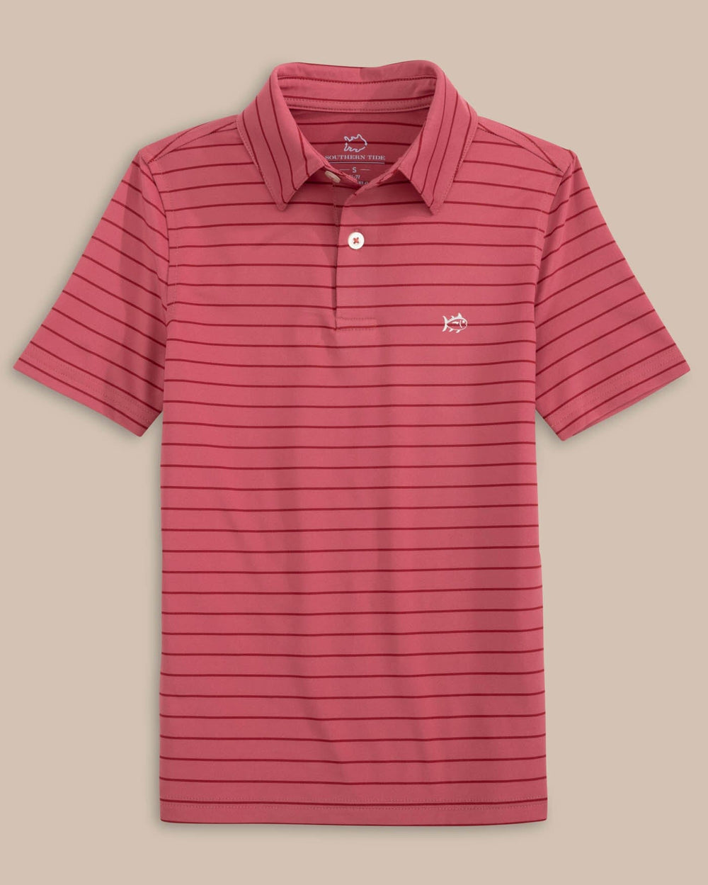 The front view of the Southern Tide Boys Driver Seaglass Stripe Polo by Southern Tide - Mineral Red