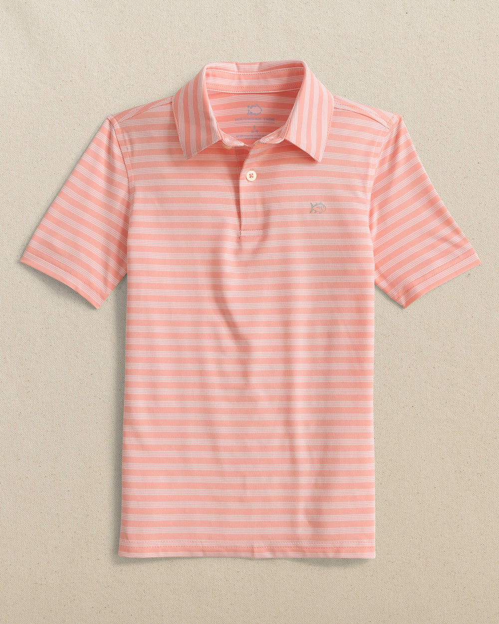 The front view of the Southern Tide Boys Driver Sevilla Stripe Polo by Southern Tide - Petal Pink