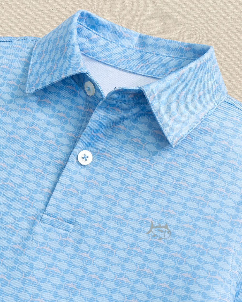 The collar view of the Southern Tide Boys Driver Skipping Jacks Printed Performance Polo by Southern Tide - Ocean Channel