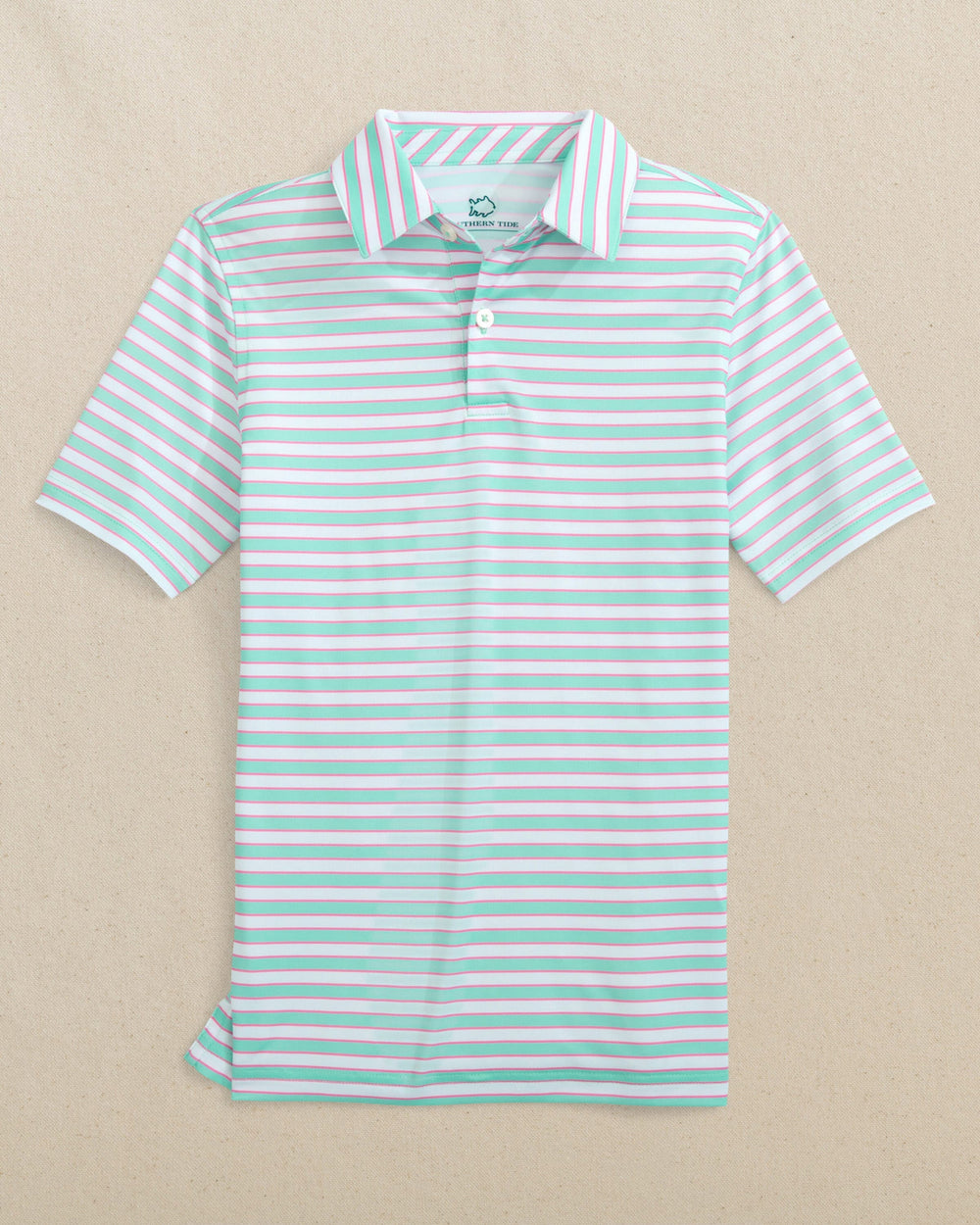 The front view of the Southern Tide Boys Driver Waterway Stripe Printed Performance Polo by Southern Tide - Gulf Shores