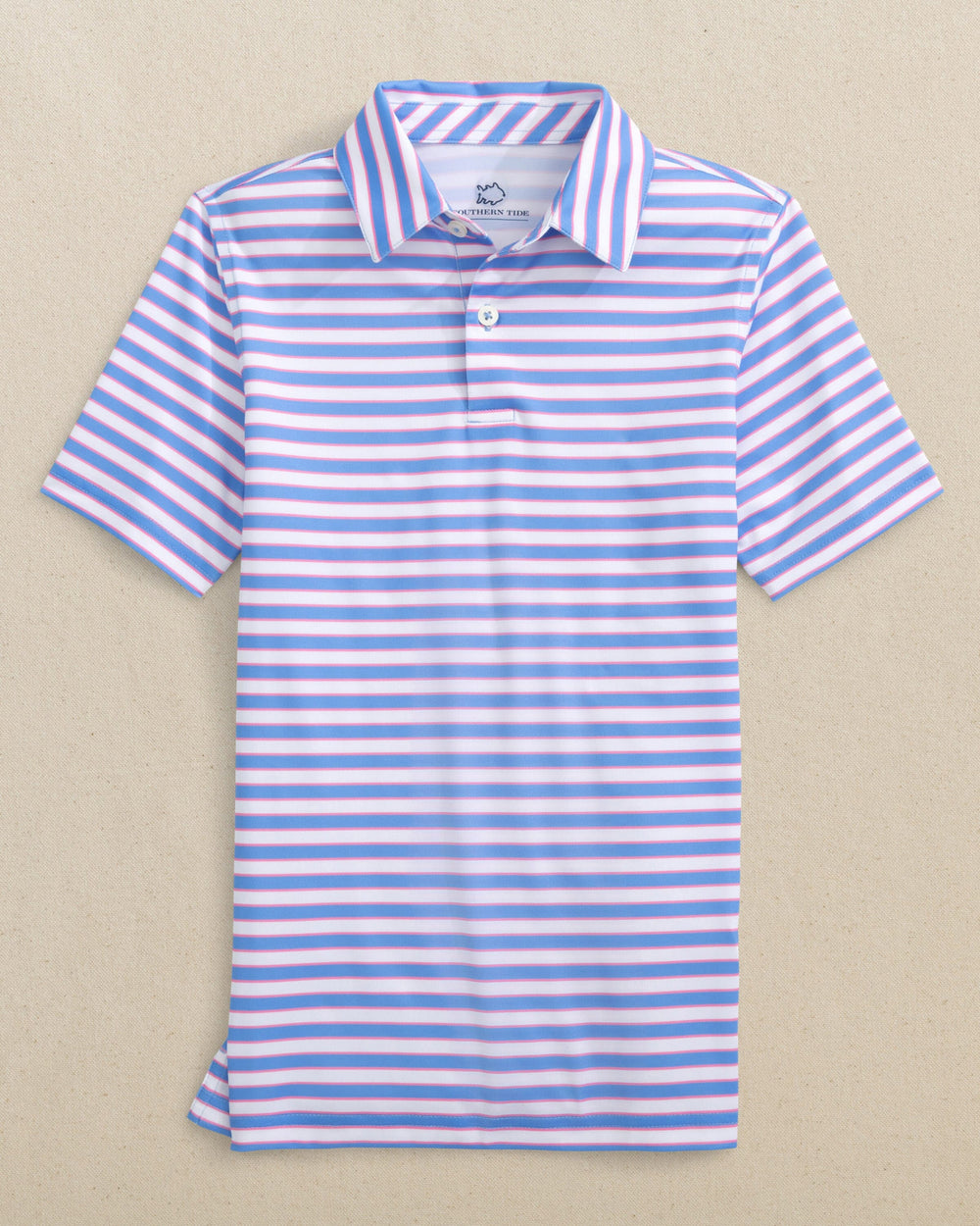 The front view of the Southern Tide Boys Driver Waterway Stripe Printed Performance Polo by Southern Tide - Ocean Channel