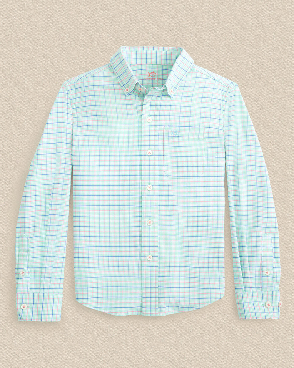 The front view of the Southern Tide Boys Edisto Island Plaid Coastal Breeze® Sport Shirt by Southern Tide - Gulf Shores