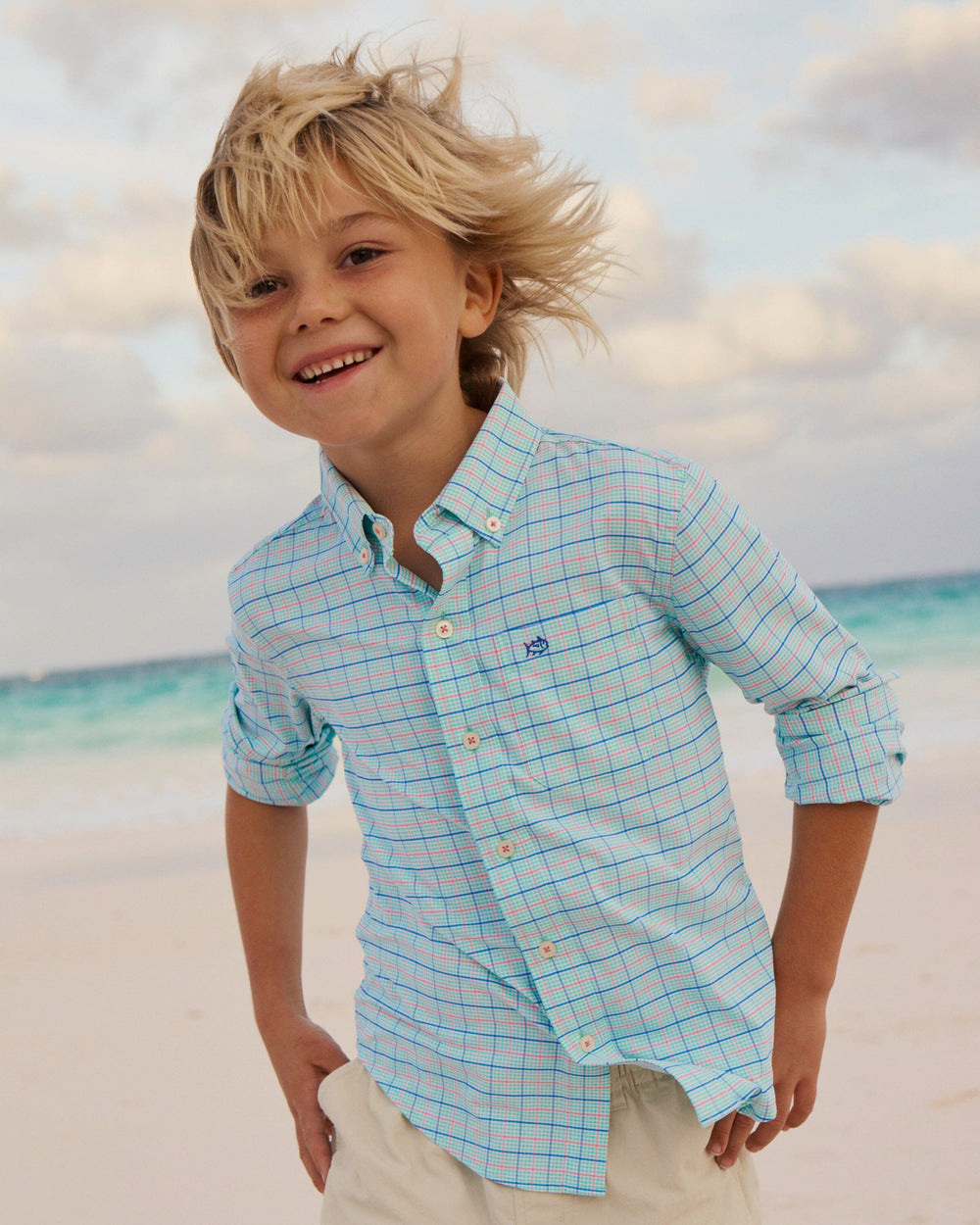 The lifestyle view of the Southern Tide Boys Edisto Island Plaid Coastal Breeze® Sport Shirt by Southern Tide - Gulf Shores
