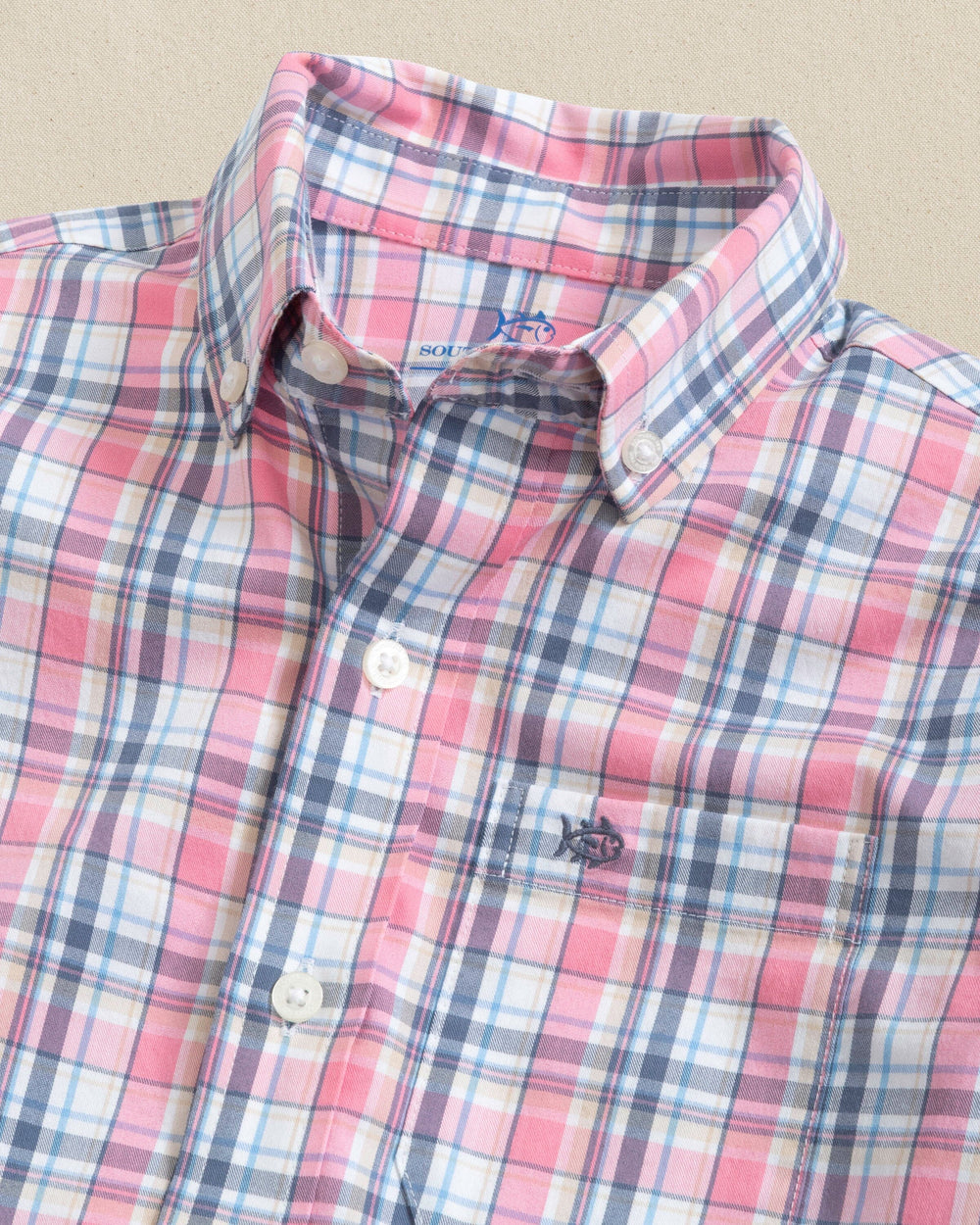 The detail view of the Southern Tide Boys Emerald Shores Coastal Passage Sport Shirt by Southern Tide - Bubblegum