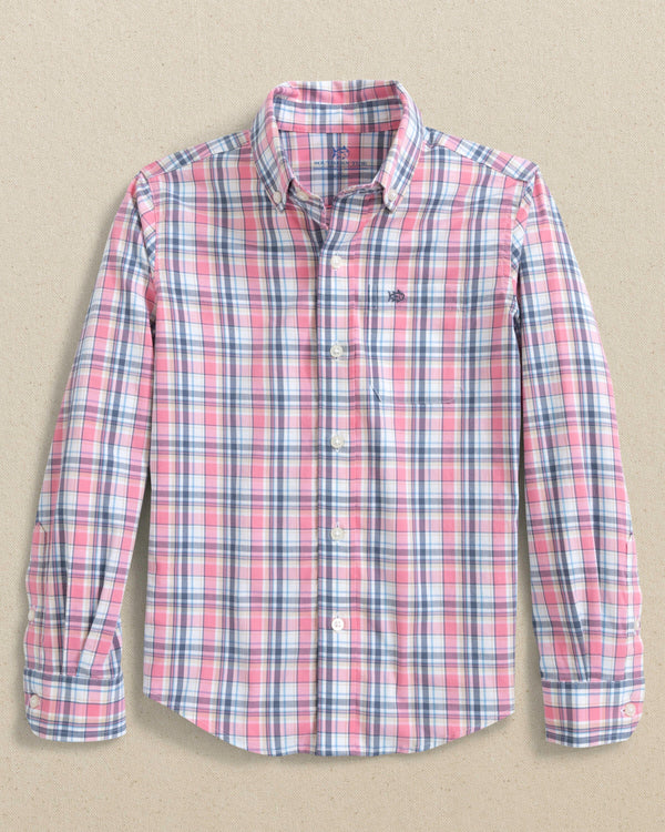 The front view of the Southern Tide Boys Emerald Shores Coastal Passage Sport Shirt by Southern Tide - Bubblegum