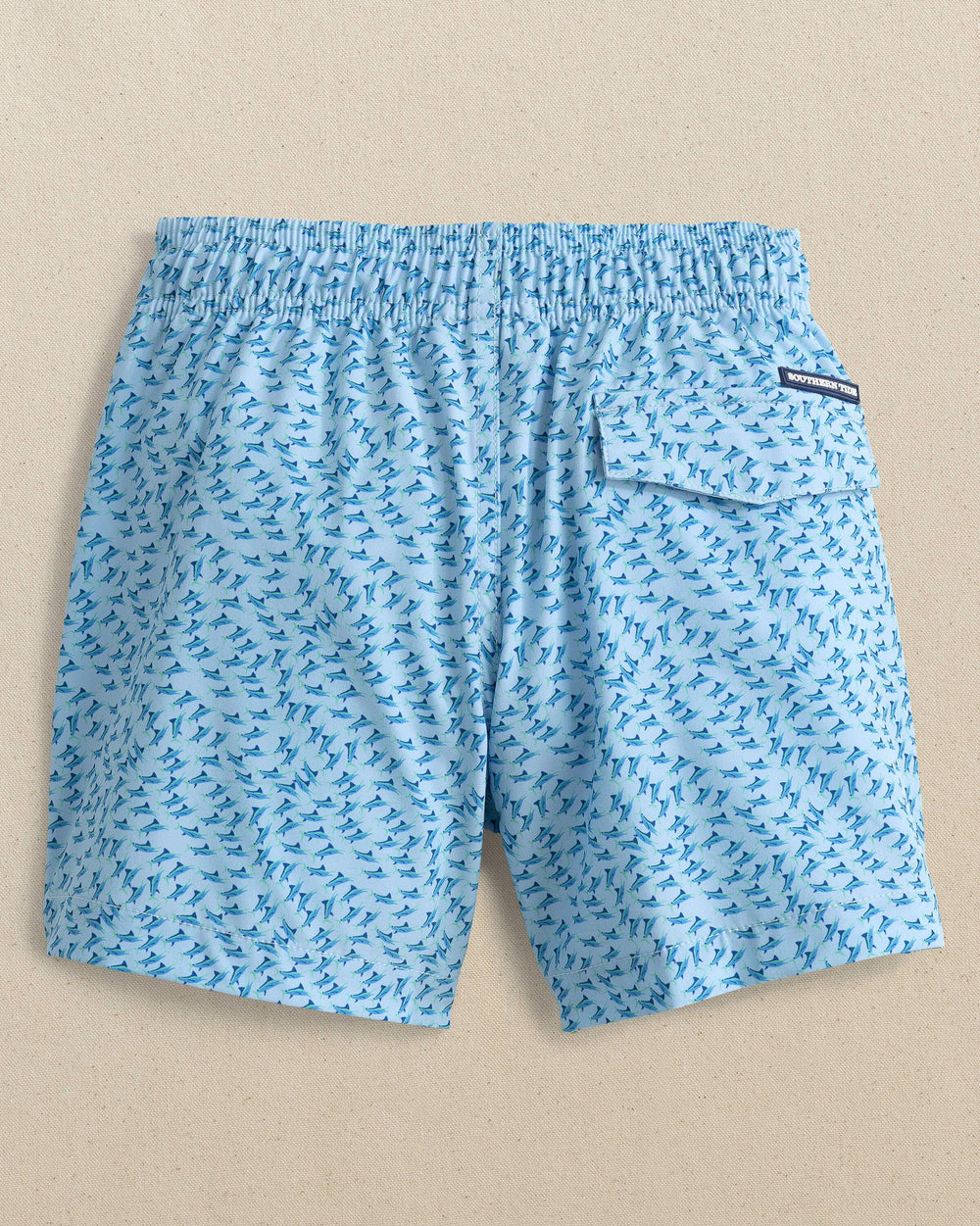 The back view of the Southern Tide Boys Fintastic Swim Trunk by Southern Tide - Cerulean