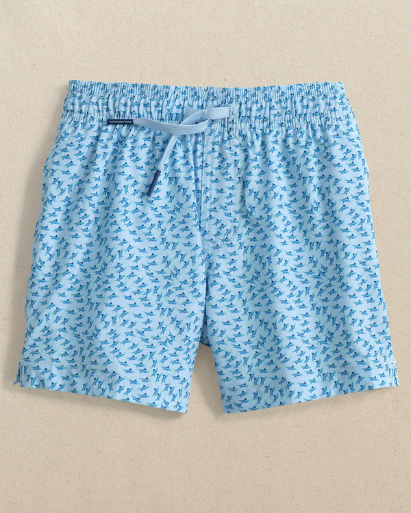 The front view of the Southern Tide Boys Fintastic Swim Trunk by Southern Tide - Cerulean