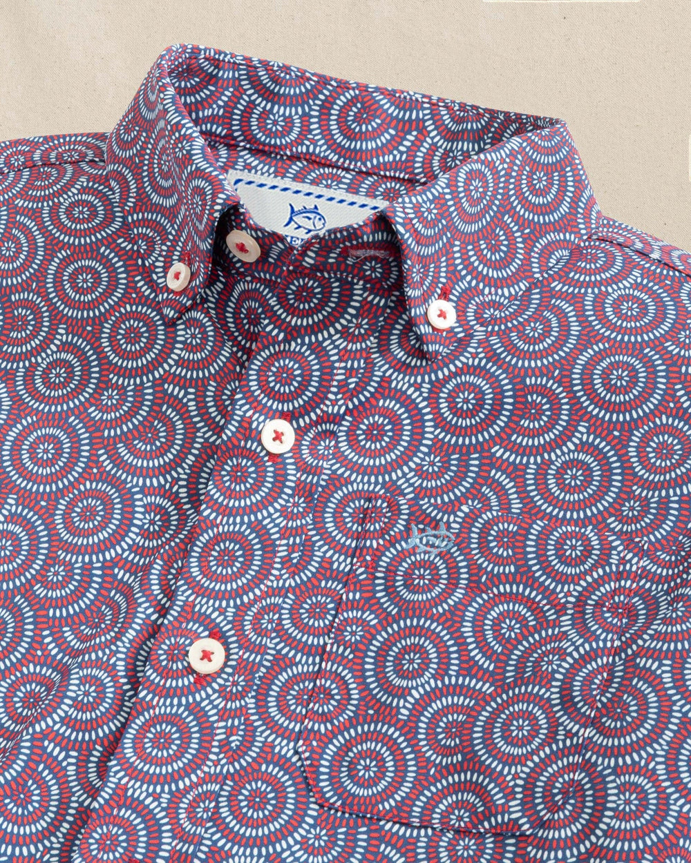 The detail view of the Southern Tide Boys Fireworks Coastal Breeze® Short Sleeve Sport Shirt by Southern Tide - Channel Marker Red