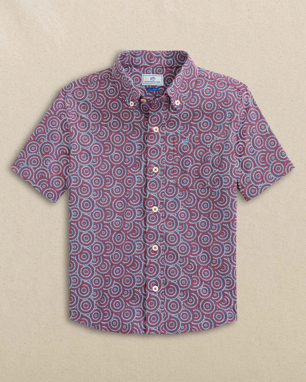 The front view of the Southern Tide Boys Fireworks Coastal Breeze® Short Sleeve Sport Shirt by Southern Tide - Channel Marker Red