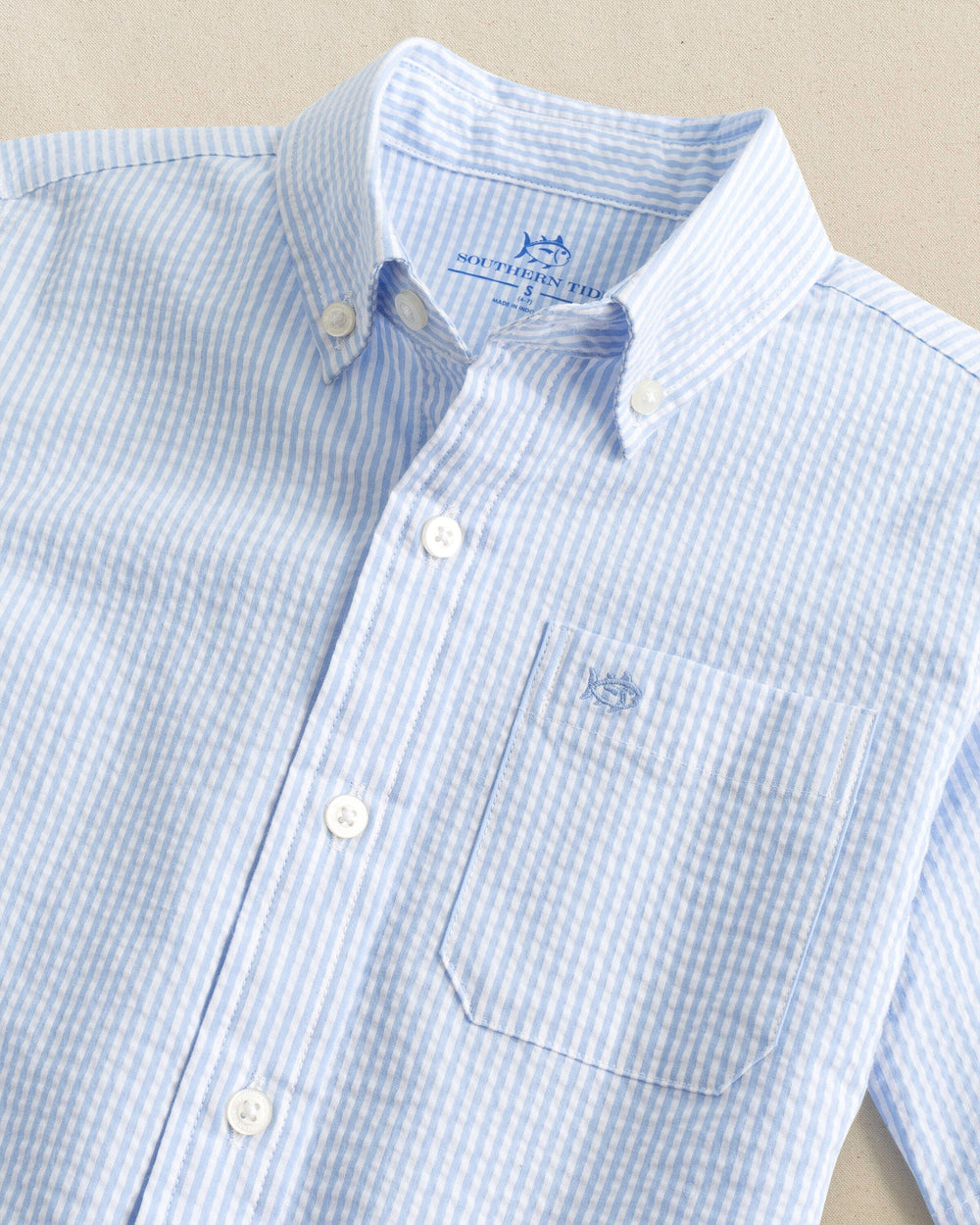 The detail view of the Southern Tide Boys Folly Field Seersucker Short Sleeve Sport Shirt by Southern Tide - Ocean Channel