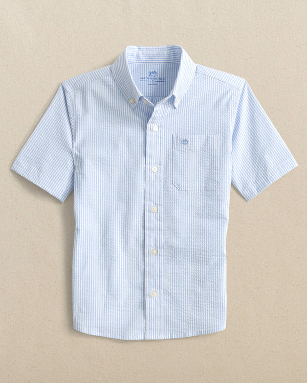 The front view of the Southern Tide Boys Folly Field Seersucker Short Sleeve Sport Shirt by Southern Tide - Ocean Channel