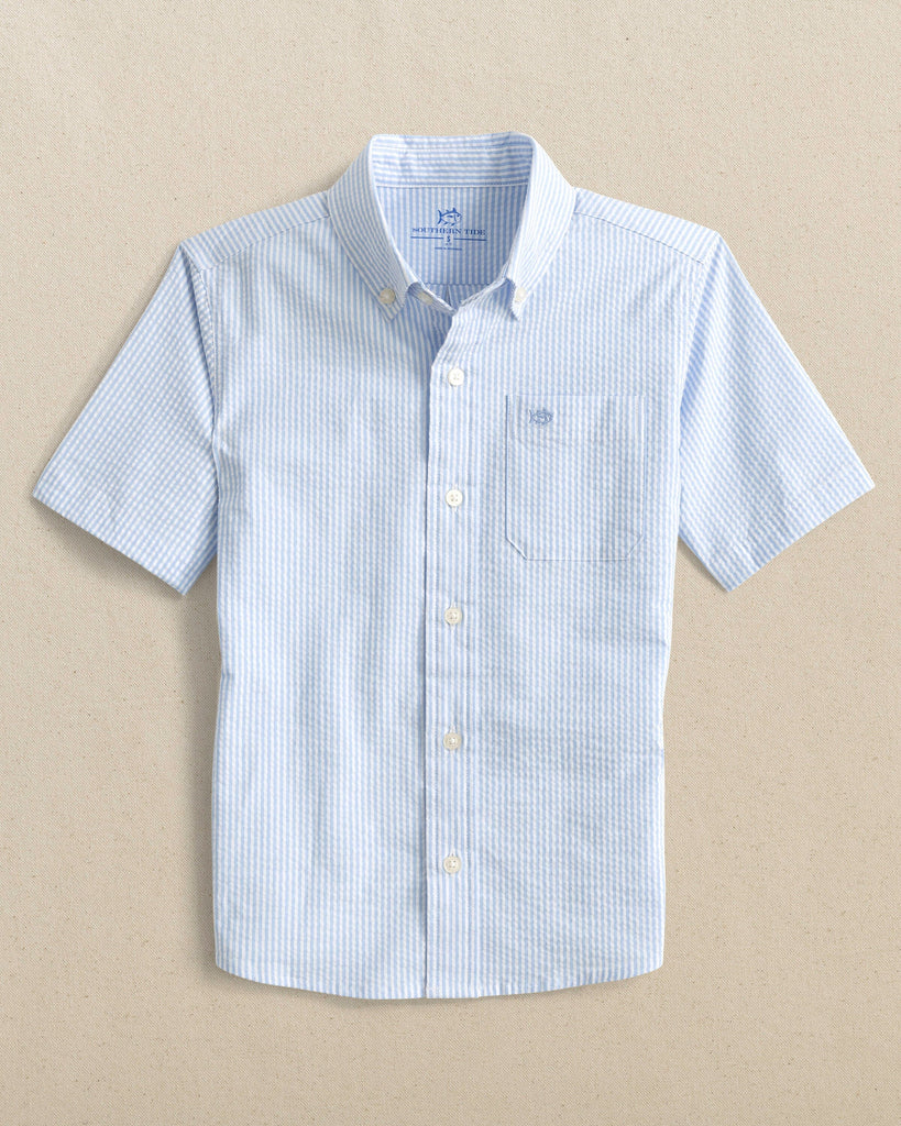 【BAON】[unisex] Noyuki Stripe Boucle Sollar Short Sleeve Kt Textured Circle Cotton Short Sleeve Shirt | Express