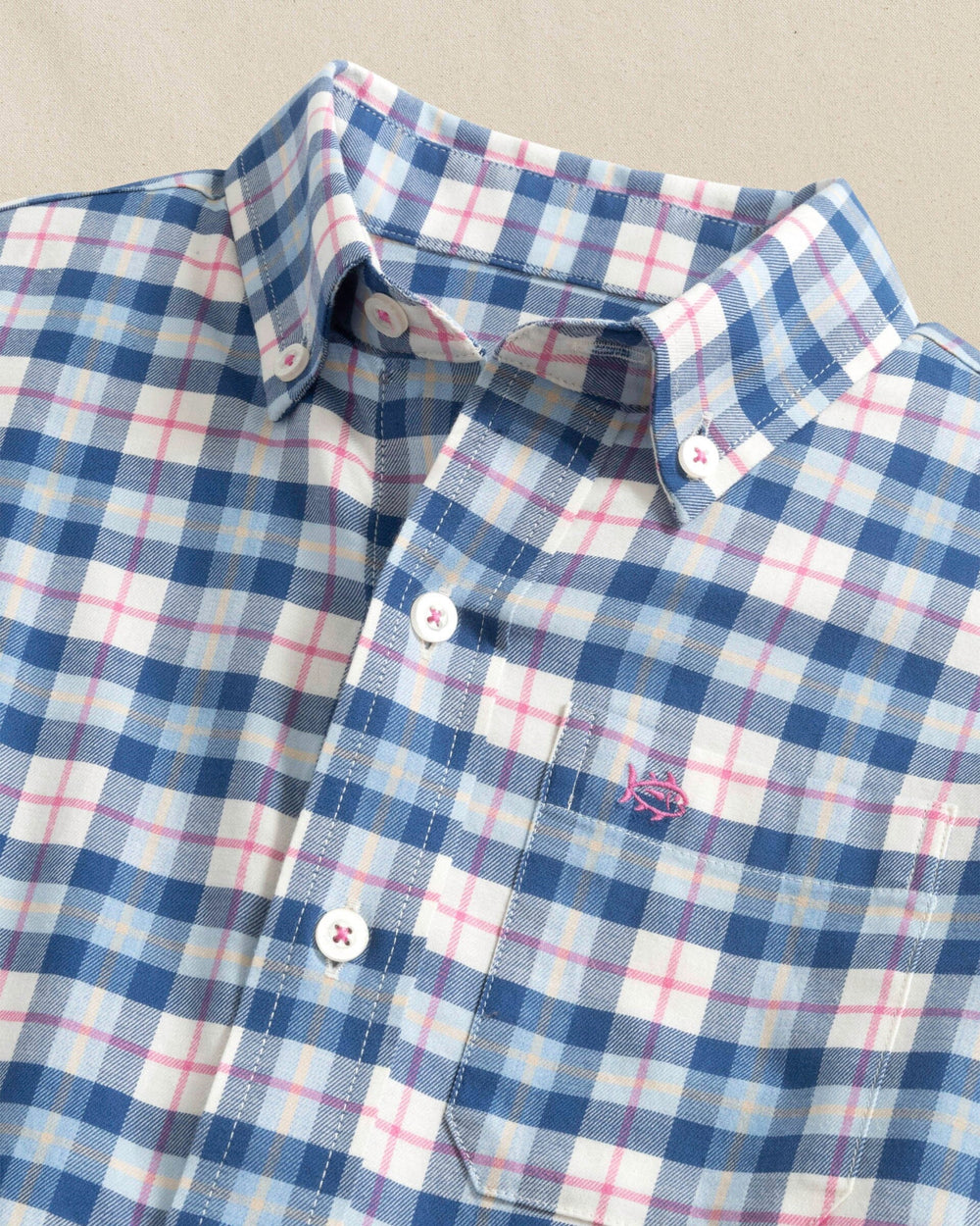 The detail view of the Southern Tide Boys Forsyth Park Skipjack Sport Shirt by Southern Tide - Nautical Blue