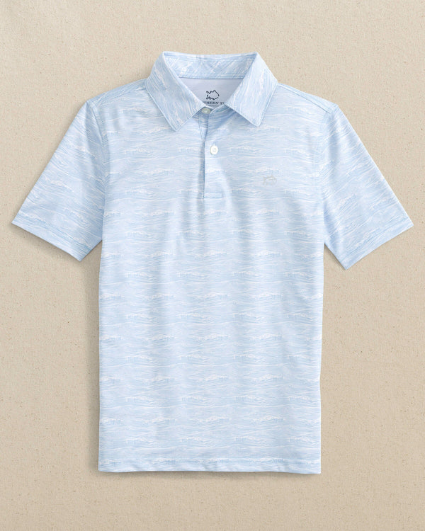 The front view of the Southern Tide Boys Get In Shipshape Printed Performance Polo by Southern Tide - Classic White