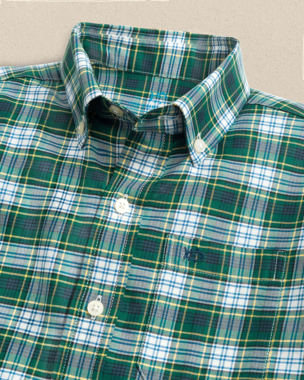 The detail view of the Southern Tide Boys Gordon Tartan Skipjack Sport Shirt by Southern Tide - Salt Meadow