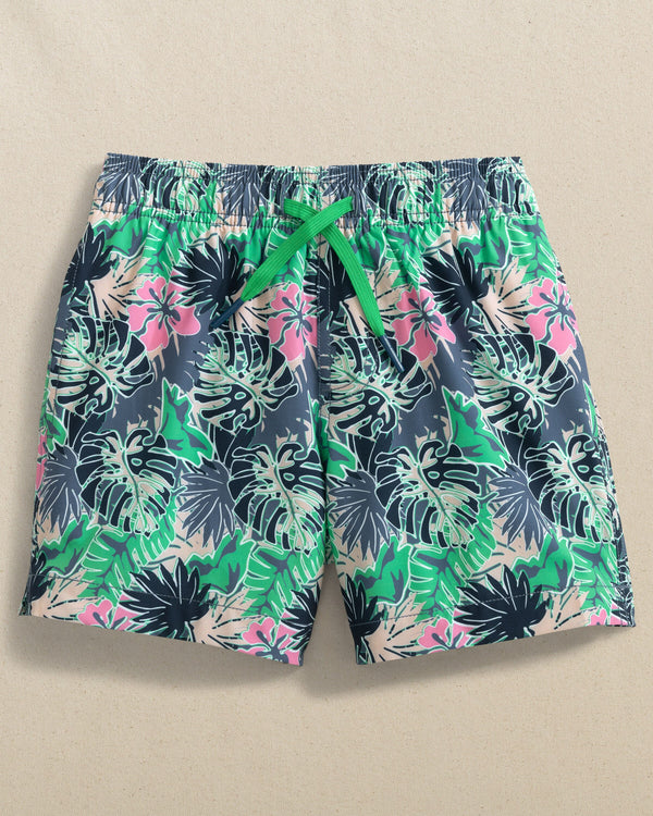 The front view of the Southern Tide Boys Grand Palms Swim Trunk by Southern Tide - Simply Green