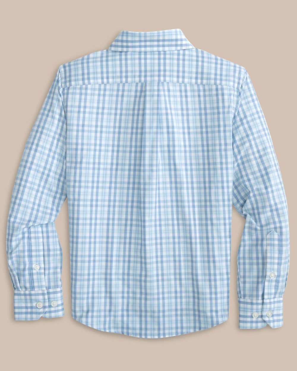 The back view of the Southern Tide Boys Haywood Plaid Intercoastal Long Sleeve Sportshirt by Southern Tide - Dream Blue