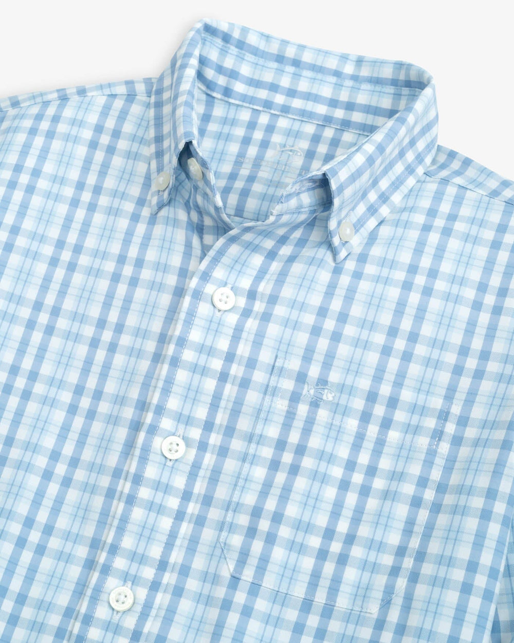 The detail view of the Southern Tide Boys Haywood Plaid Intercoastal Long Sleeve Sportshirt by Southern Tide - Dream Blue
