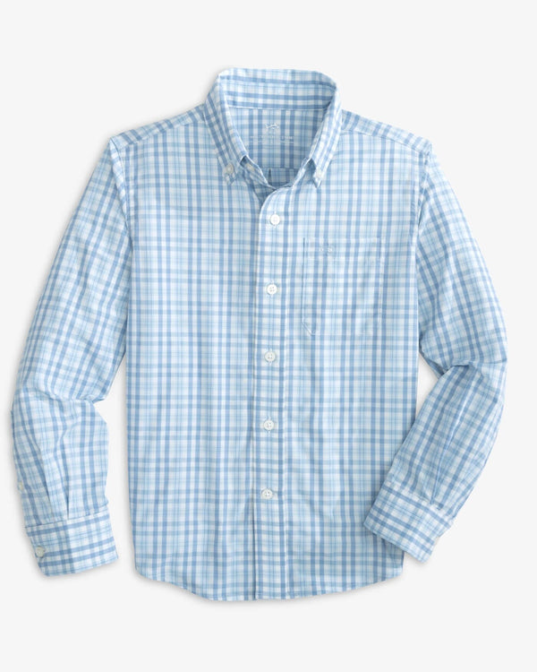 The front view of the Southern Tide Boys Haywood Plaid Intercoastal Long Sleeve Sportshirt by Southern Tide - Dream Blue