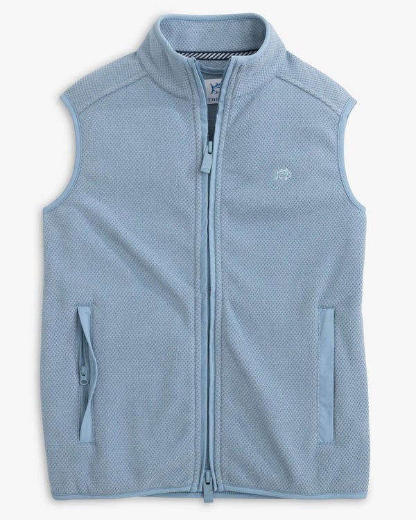 The front view of the Southern Tide Boys Hucksley Vest by Southern Tide - Mountain Spring Blue