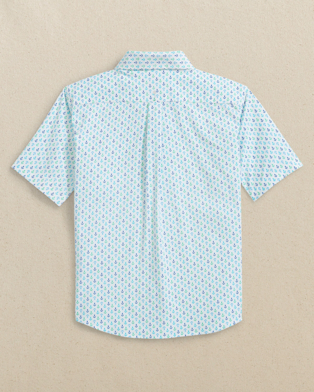The back view of the Southern Tide Boys Intercoastal Anchors Away Short Sleeve Sport Shirt by Southern Tide - Dazzling Blue