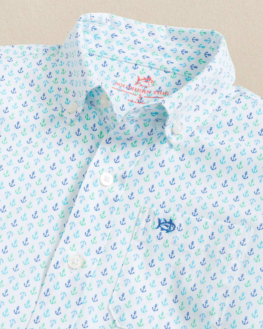 The detail view of the Southern Tide Boys Intercoastal Anchors Away Short Sleeve Sport Shirt by Southern Tide - Dazzling Blue