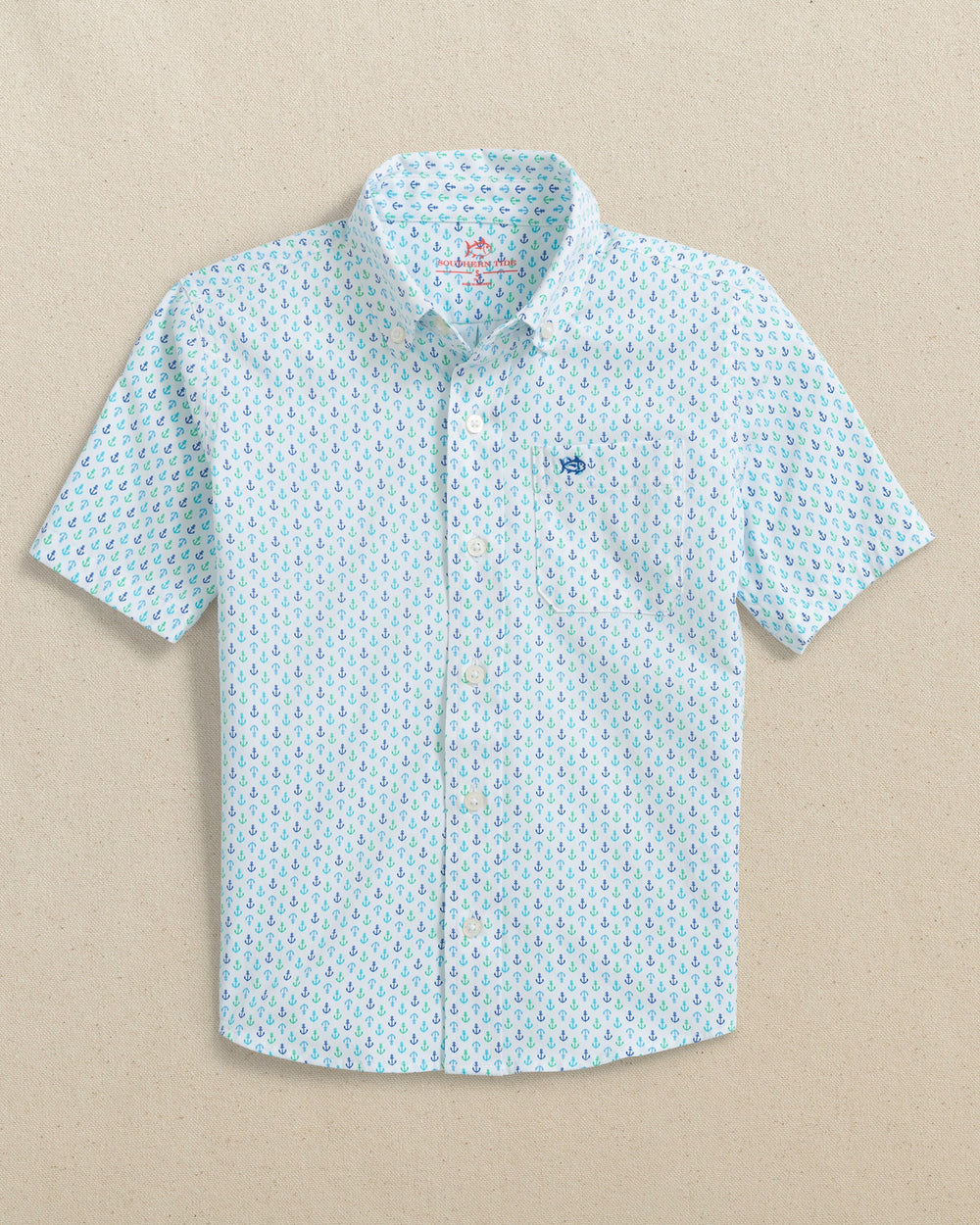 The front view of the Southern Tide Boys Intercoastal Anchors Away Short Sleeve Sport Shirt by Southern Tide - Dazzling Blue