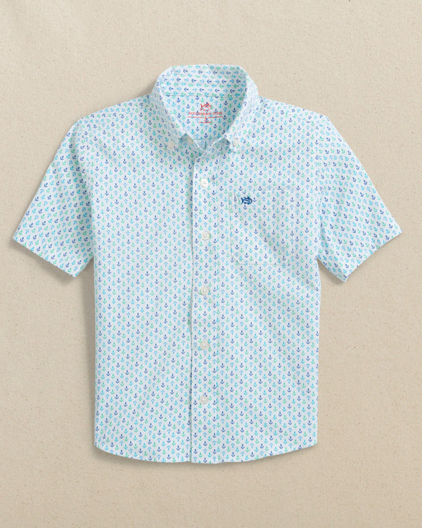 The front view of the Southern Tide Boys Intercoastal Anchors Away Short Sleeve Sport Shirt by Southern Tide - Dazzling Blue