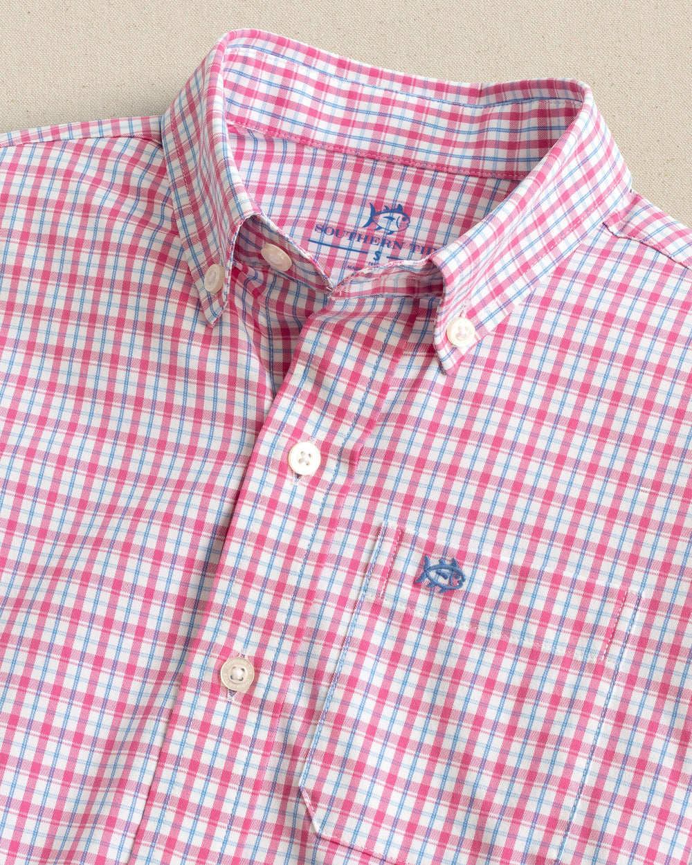 The detail view of the Southern Tide Boys Intercoastal Broad Creek Sport Shirt by Southern Tide - Very Berry