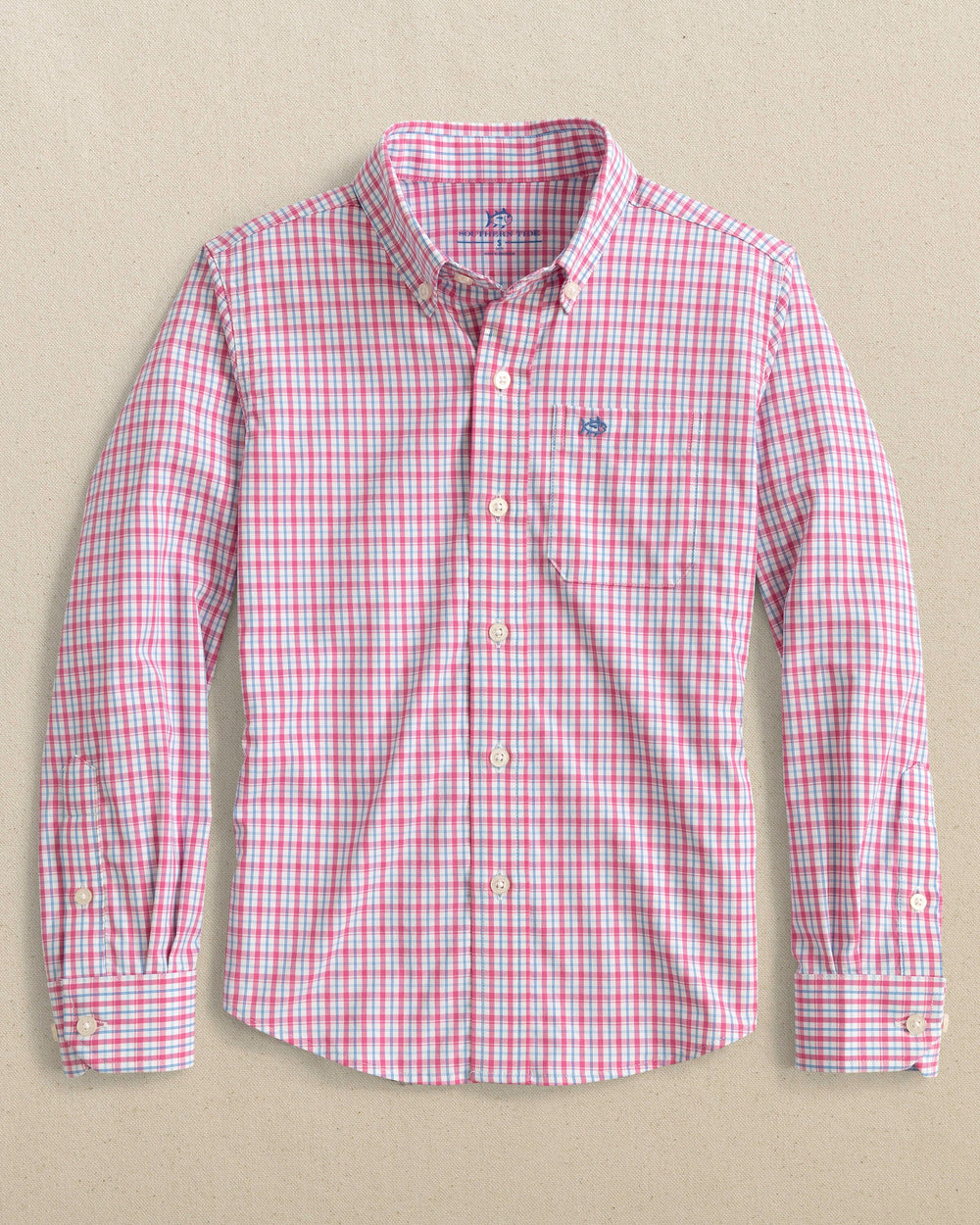 The front view of the Southern Tide Boys Intercoastal Broad Creek Sport Shirt by Southern Tide - Very Berry