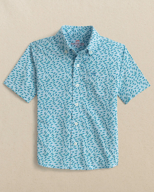 The front view of the Southern Tide Boys Intercoastal Fintastic Short Sleeve Sport Shirt by Southern Tide - Cerulean