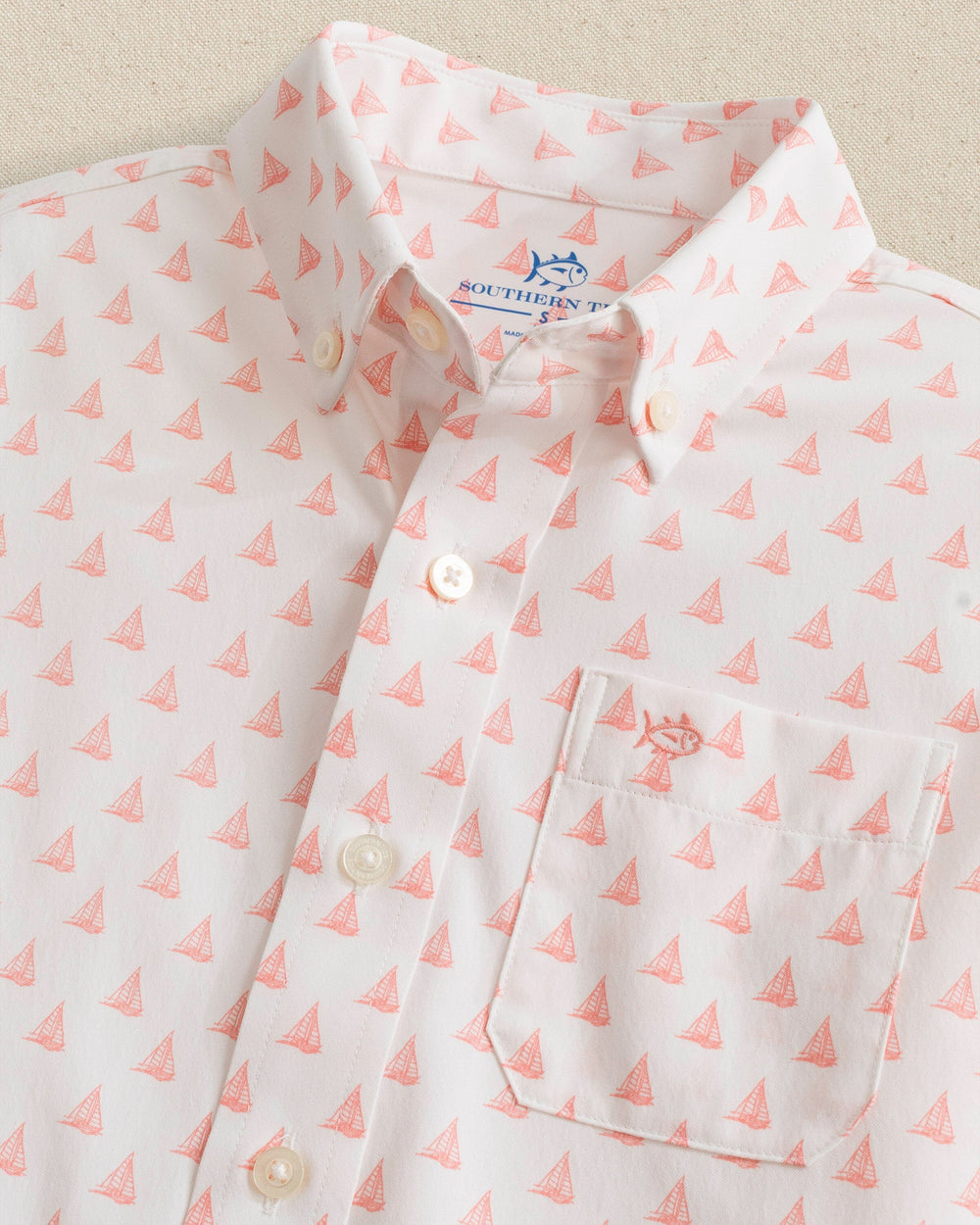 The detail view of the Southern Tide Boys Intercoastal Floatin' Along Short Sleeve Sport Shirt by Southern Tide - Classic White