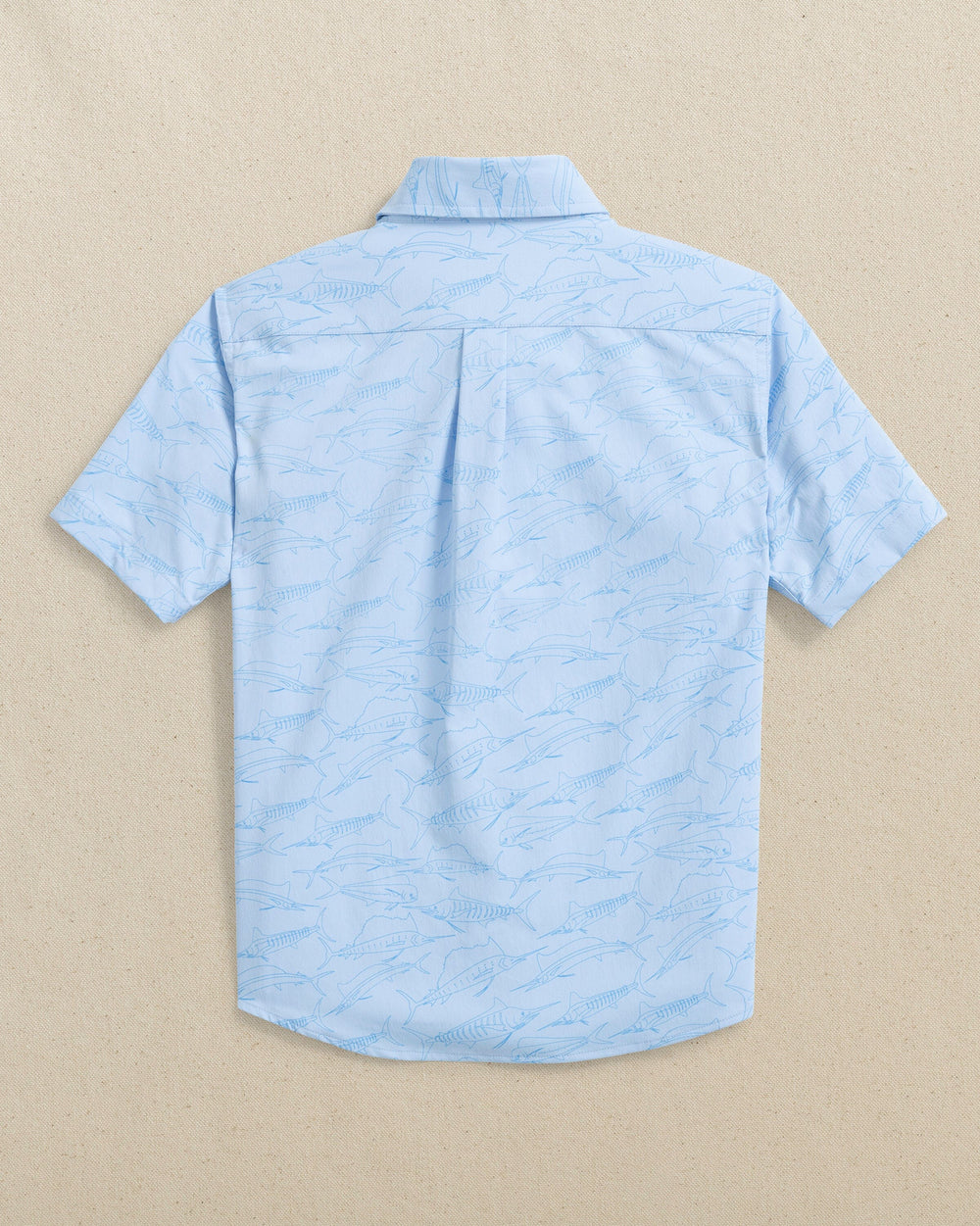 The back view of the Southern Tide Boys Intercoastal Game Fish Short Sleeve Sport Shirt by Southern Tide - Cerulean