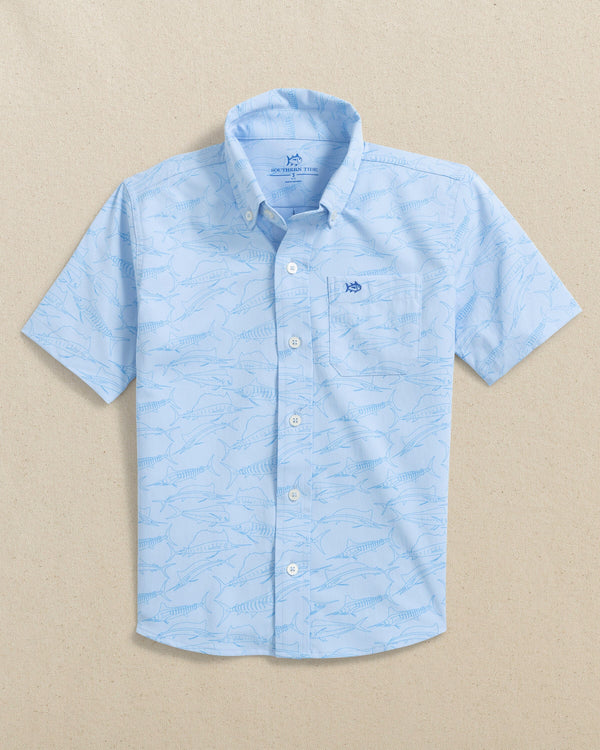The front view of the Southern Tide Boys Intercoastal Game Fish Short Sleeve Sport Shirt by Southern Tide - Cerulean