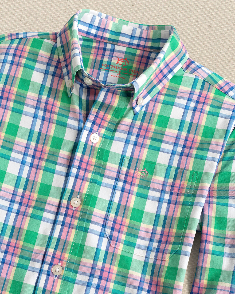 The detail view of the Southern Tide Boys Intercoastal Gaspee Sport Shirt by Southern Tide - Simply Green