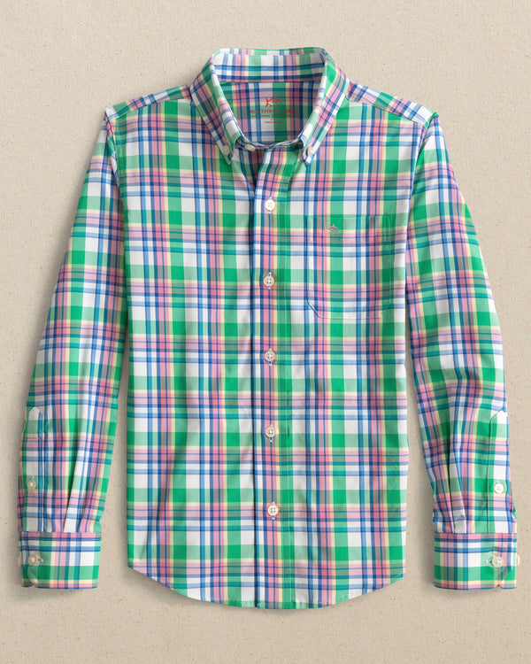 The front view of the Southern Tide Boys Intercoastal Gaspee Sport Shirt by Southern Tide - Simply Green