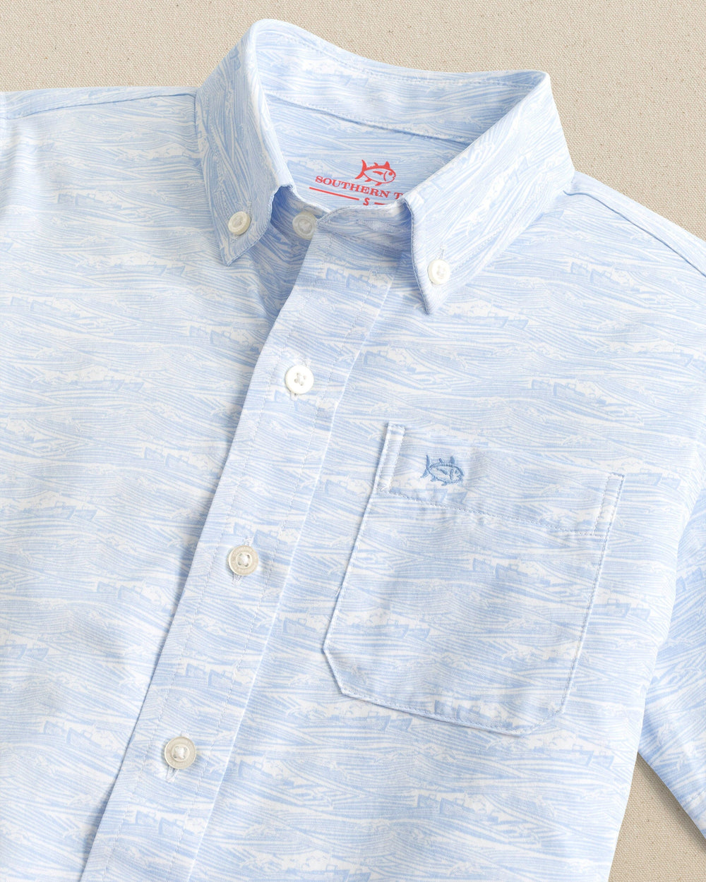 The detail view of the Southern Tide Boys Intercoastal Get In Shipshape Short Sleeve Sport Shirt by Southern Tide - Cerulean