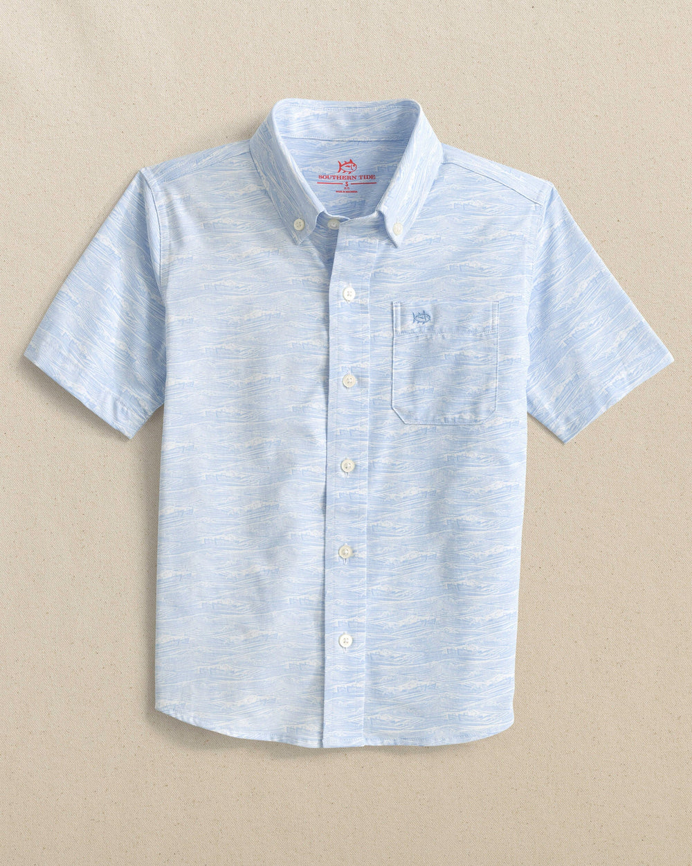 The front view of the Southern Tide Boys Intercoastal Get In Shipshape Short Sleeve Sport Shirt by Southern Tide - Cerulean