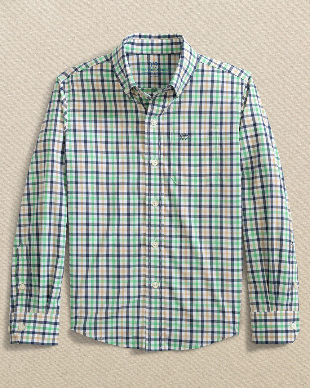 The front view of the Southern Tide Boys Intercoastal Glenmoor Plaid Sport Shirt by Southern Tide - Light Indigo