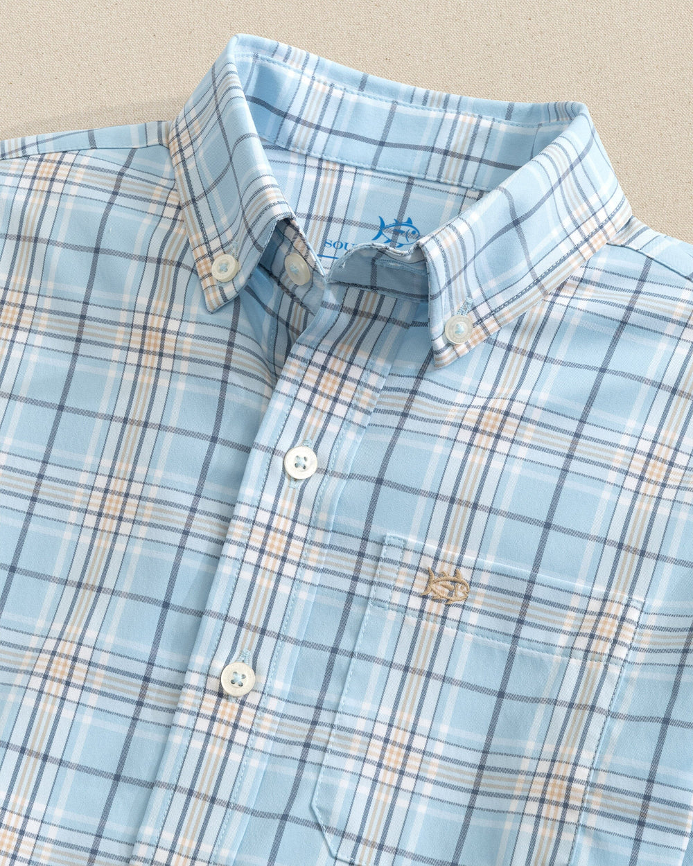 The detail view of the Southern Tide Boys Intercoastal River Point Plaid Sport Shirt by Southern Tide - Cerulean