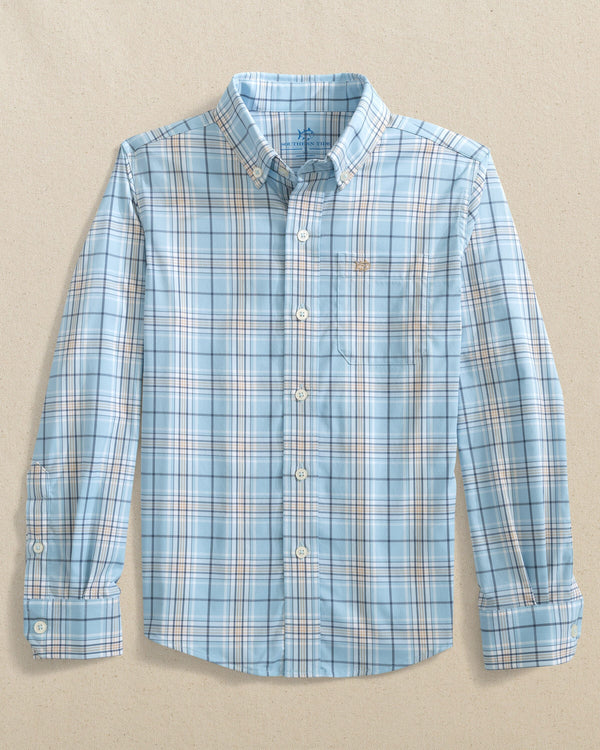 The front view of the Southern Tide Boys Intercoastal River Point Plaid Sport Shirt by Southern Tide - Cerulean