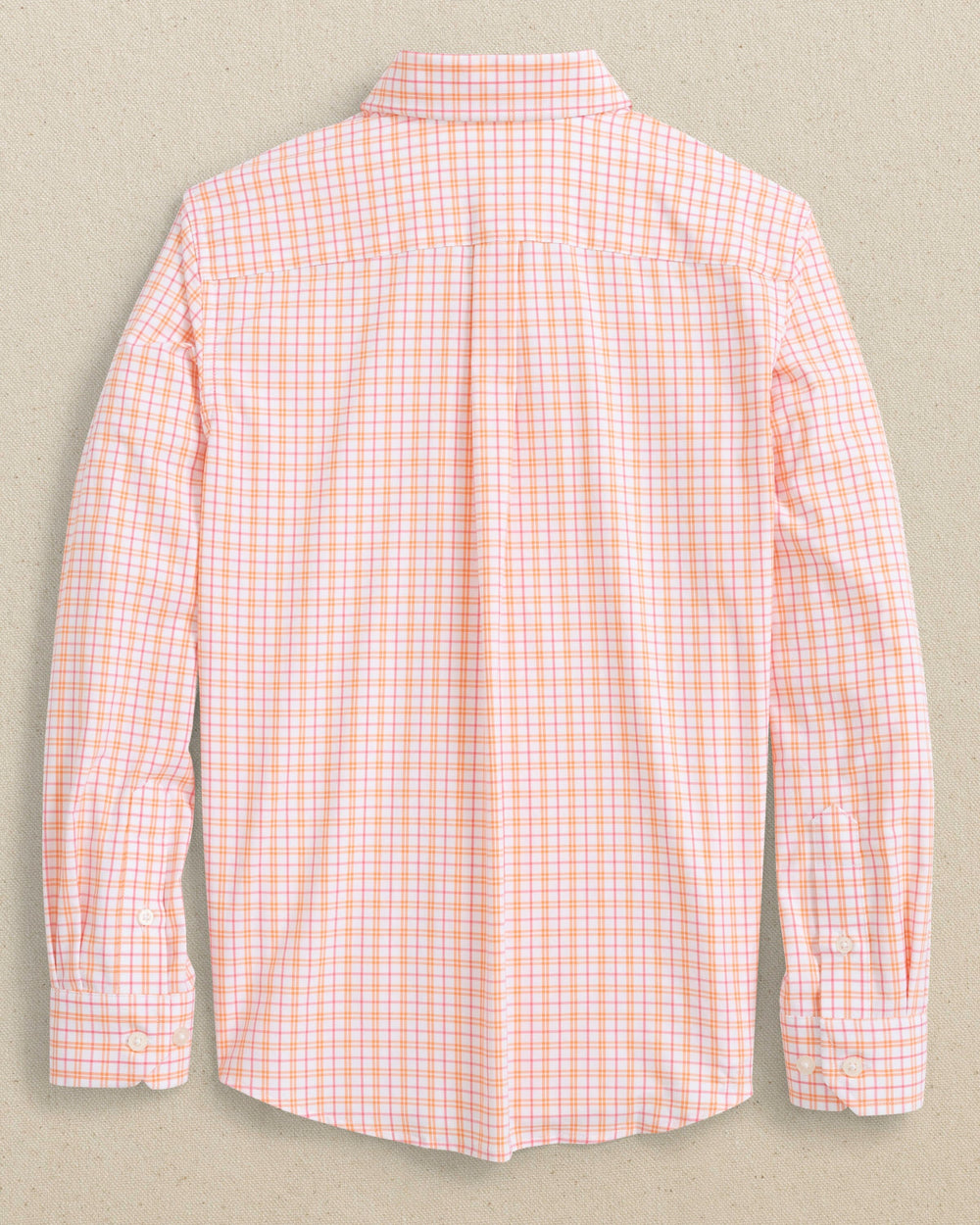 The back view of the Southern Tide Boys Intercoastal Turnberry Plaid Long Sleeve Sport Shirt by Southern Tide - Peach Parfait